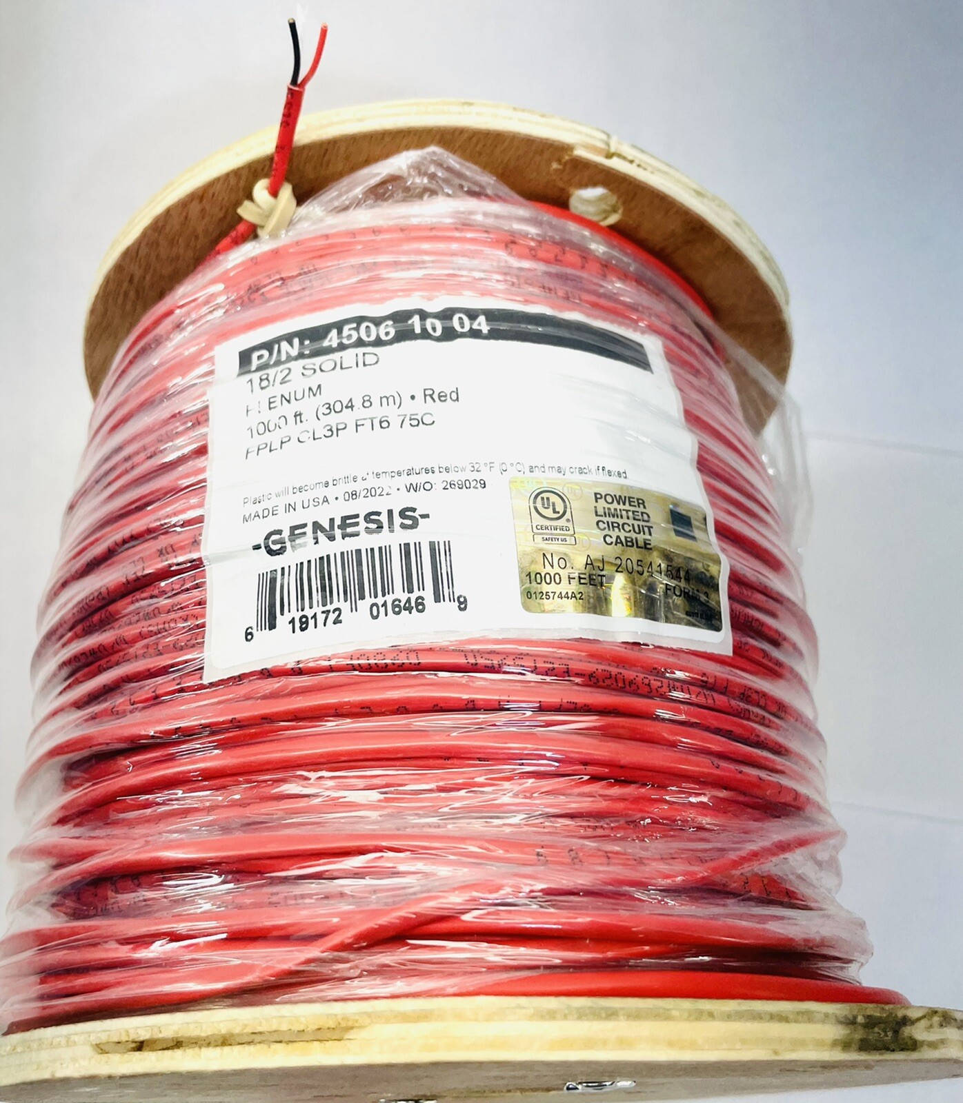 GENESIS 45061004 – 18/2 SOLID PLENUM RED WIRE (1000 Ft)