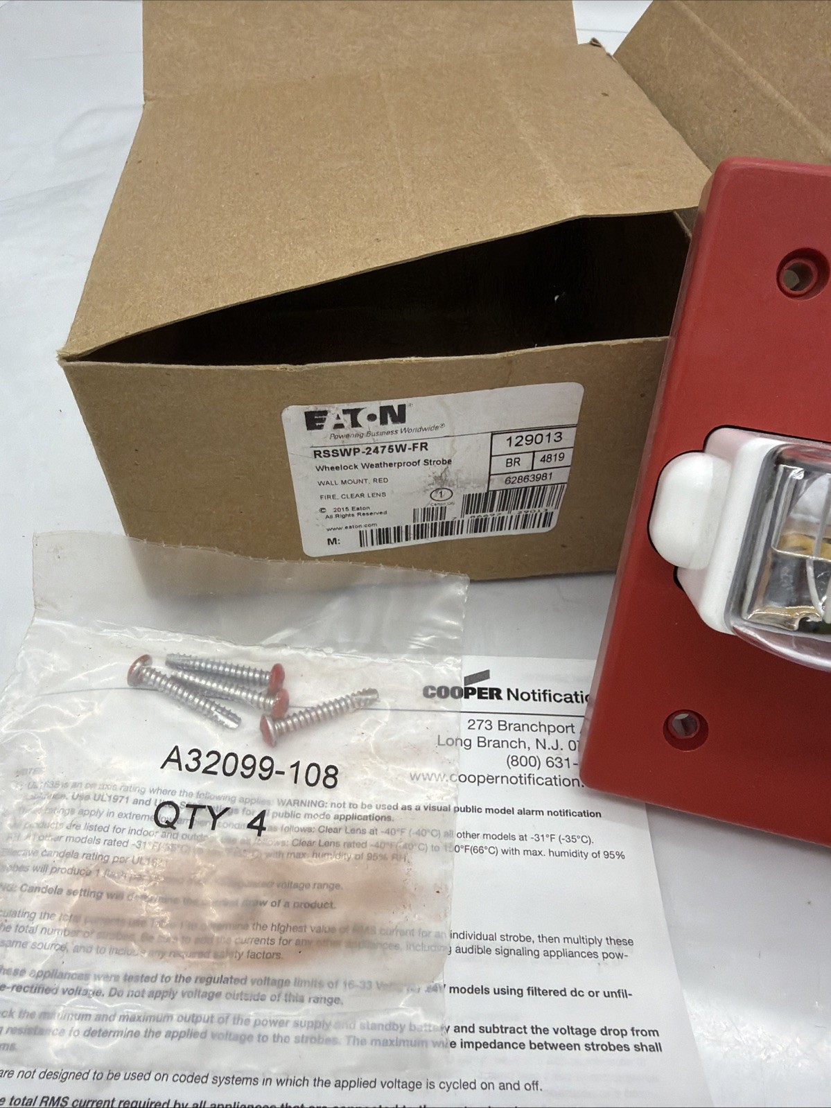 Cooper Eaton RSSWP-2475W-FR Wheelock Weatherproof Red Fire Strobe Wall Mount …