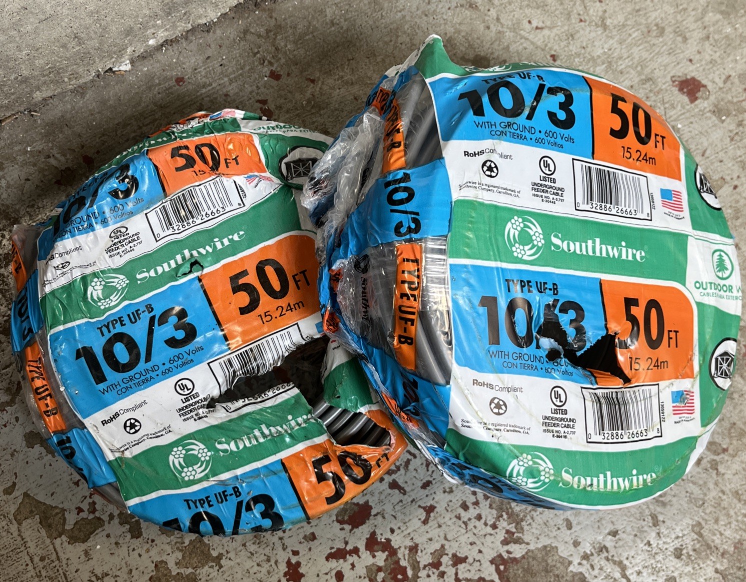 💥13059122 50 ft. 10/3 Gray Solid CU UF-B W/G Wire💥 New 2 Rolls