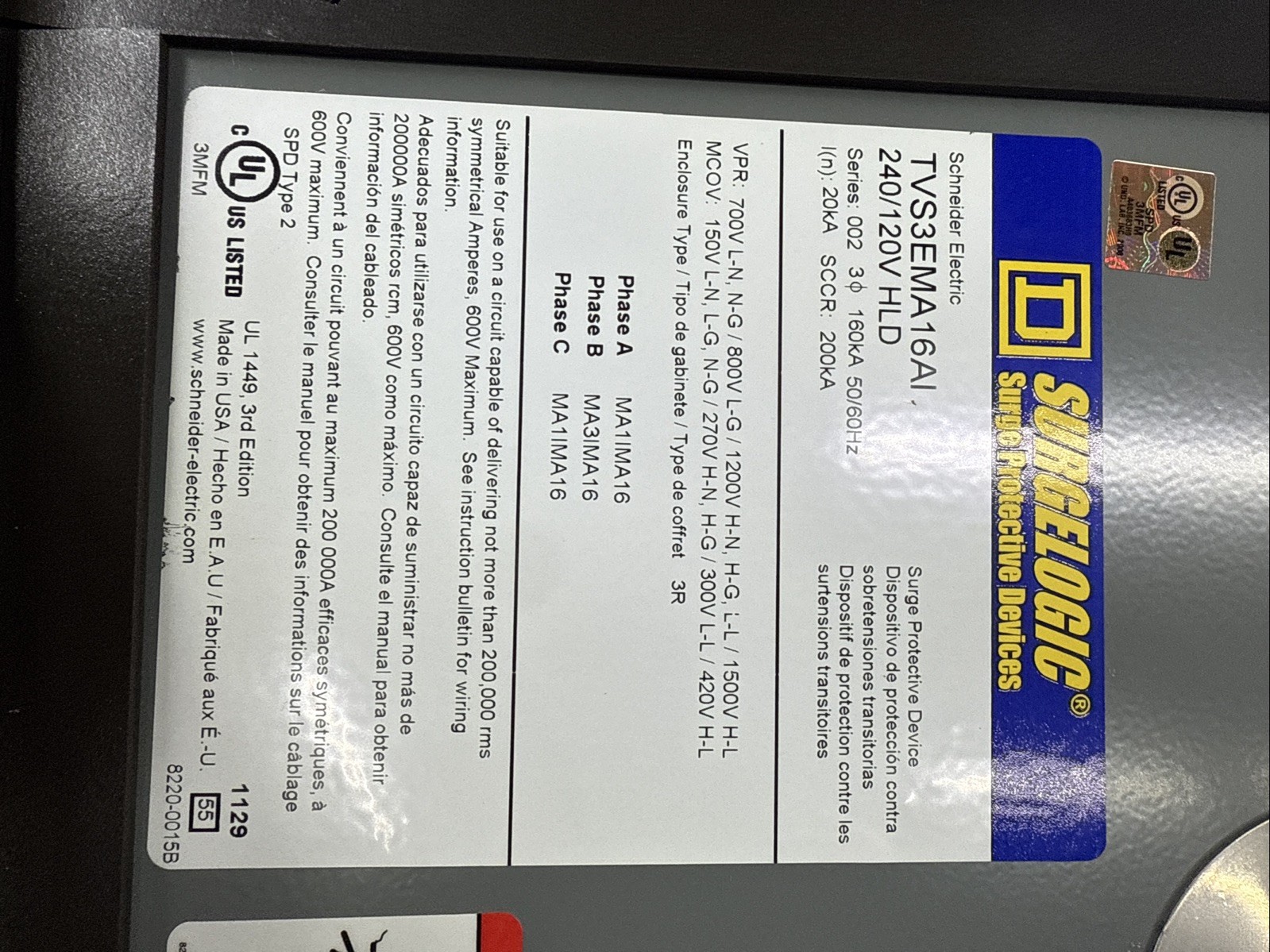 New SQUARE D TVS3EMA16AI Series 002 Enclosure Surge Protector 3-MA1IMA16 240/120