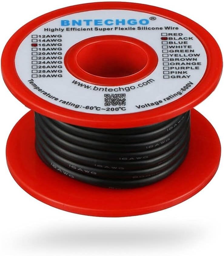 16 Gauge Silicone Wire Spool 25 ft Black Flexible 16 AWG Stranded Tinned Copp…