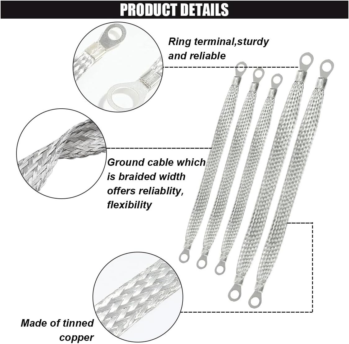 Universal Heavy Duty Flat Braided Tinned Copper Ground Strap Kit, 3PCS 10″x1/2″
