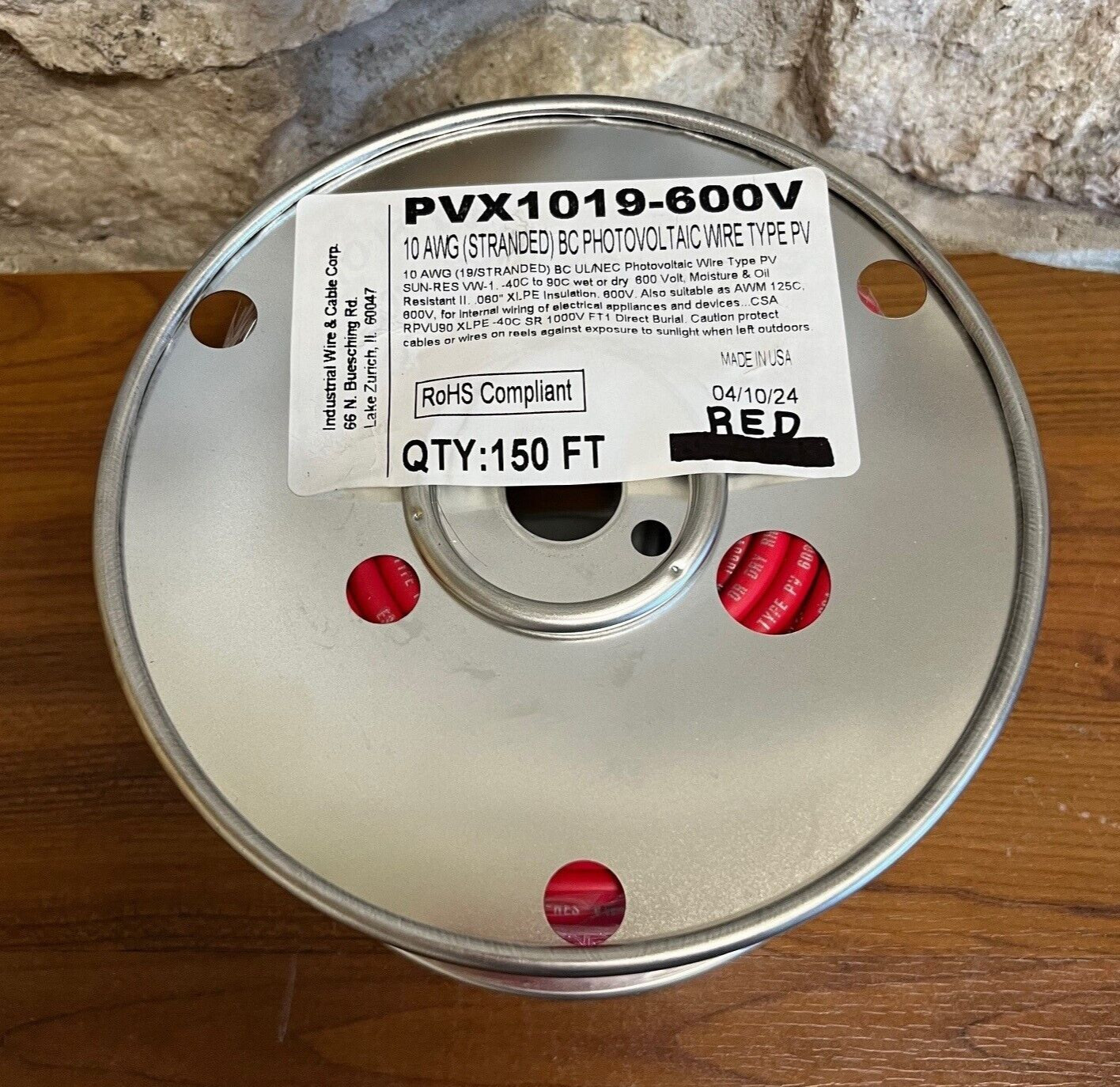SOLAR PV-PVX 1019-WIRE 10 AWG (19/STRANDED) BC 150 FT RED OR BLACK