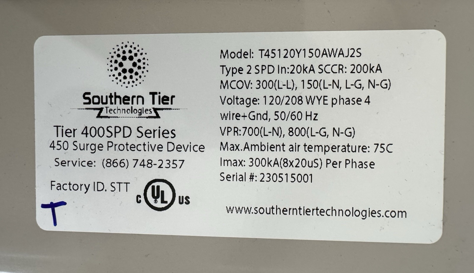 Southern Tier Technologies Tier 400SPD Surge protector Model T45120Y150AWAJ2S