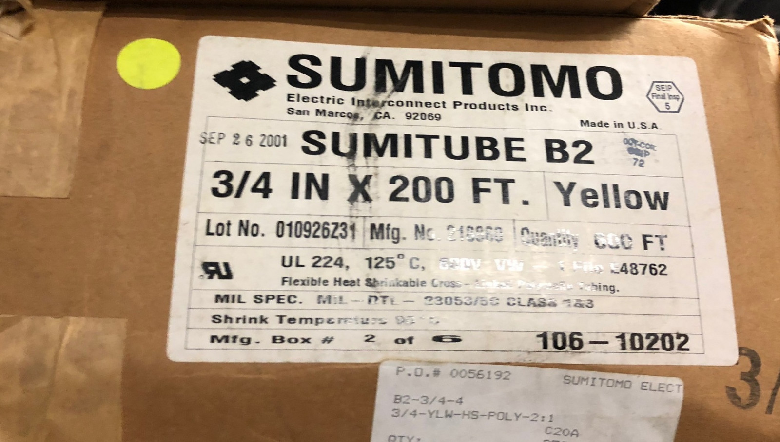 600′ Sumitomo Electric Sumitube B2 3/4″ Heat Shrink tubing Yellow