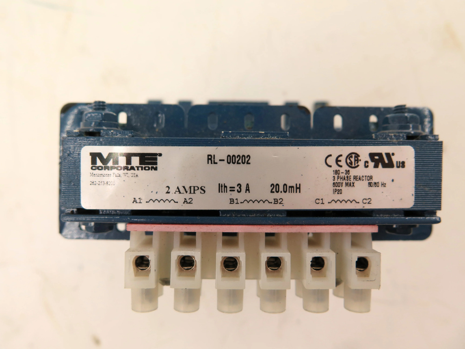 MTE RL-00202 Line Reactor 2A 20.0mH 3 Phase 600Vmax