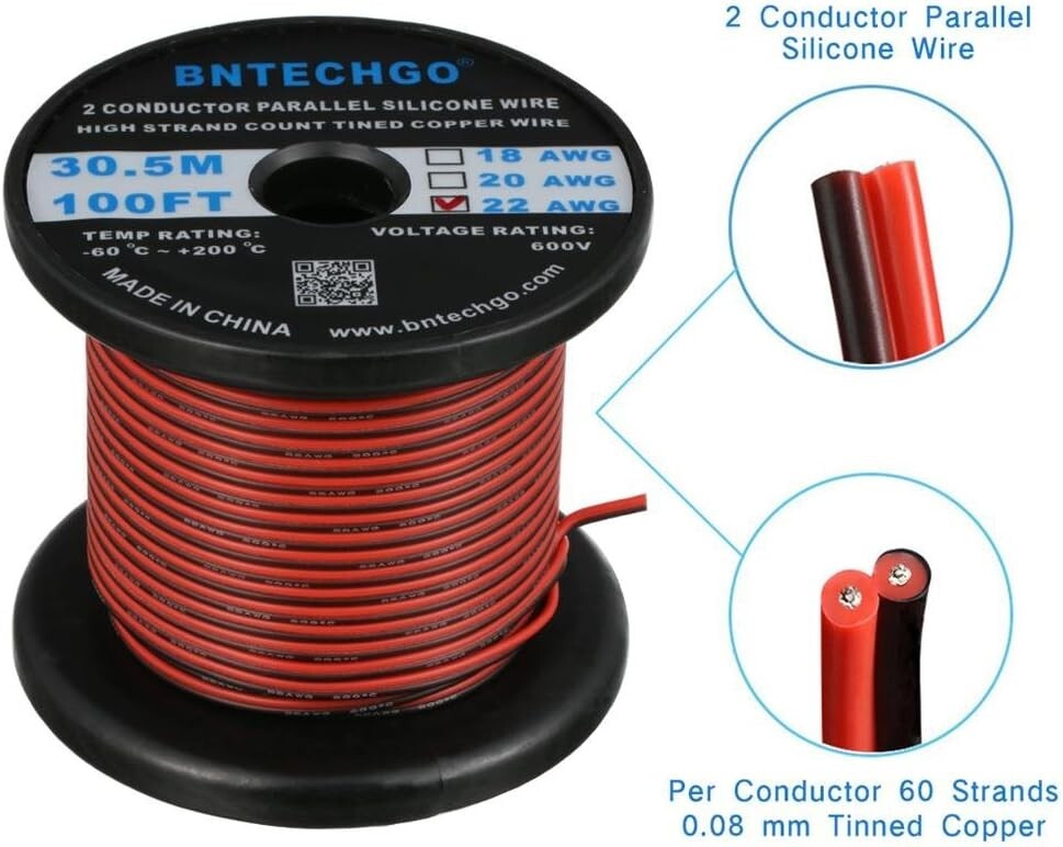 22 Gauge Flexible 2 Conductor Parallel Silicone Wire Spool Red Black High Res…