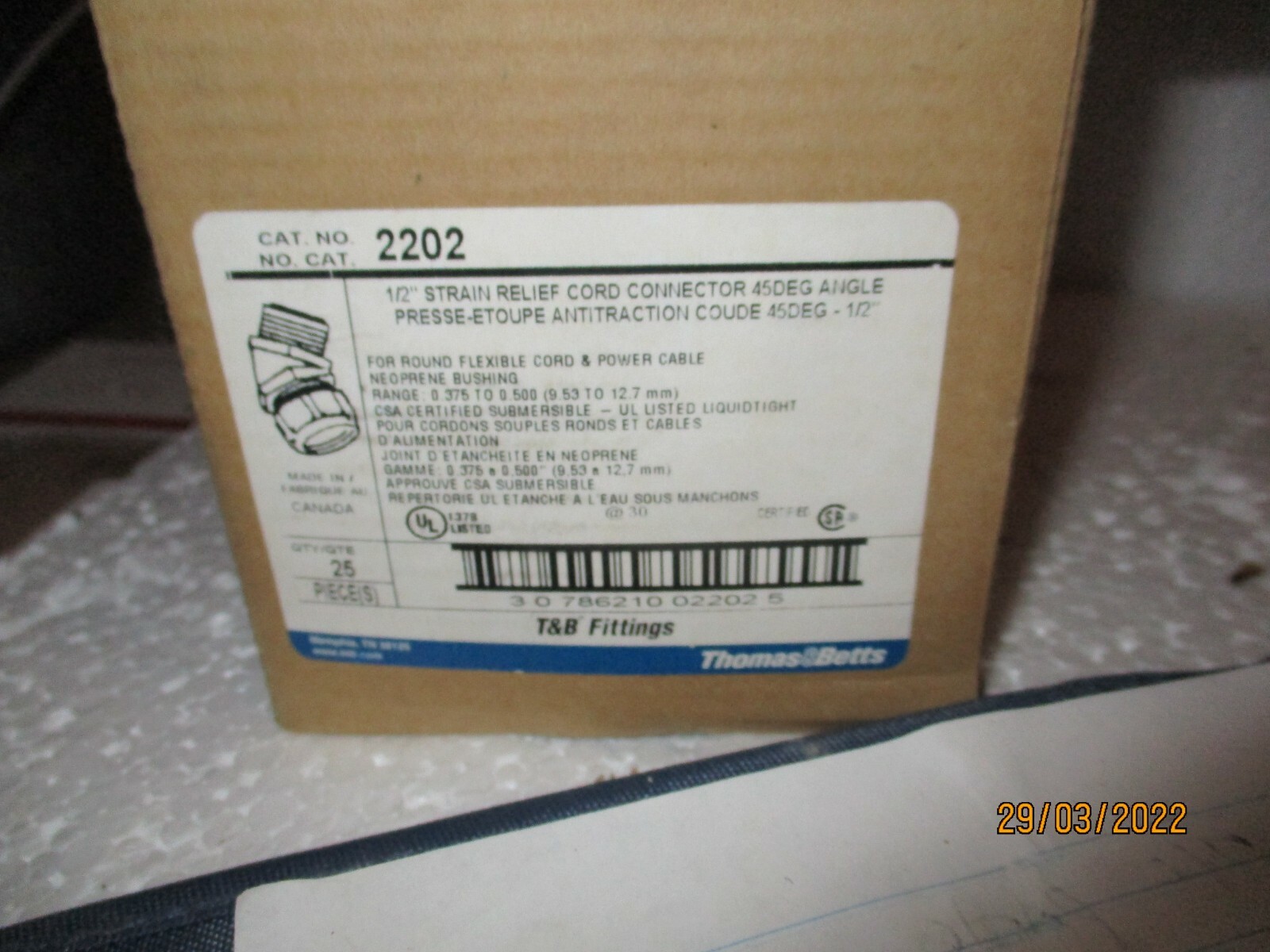 T&B 2022 45* Strain Relief Cord cable grip 1/2″ KO sz .375″-.500” choose quantit