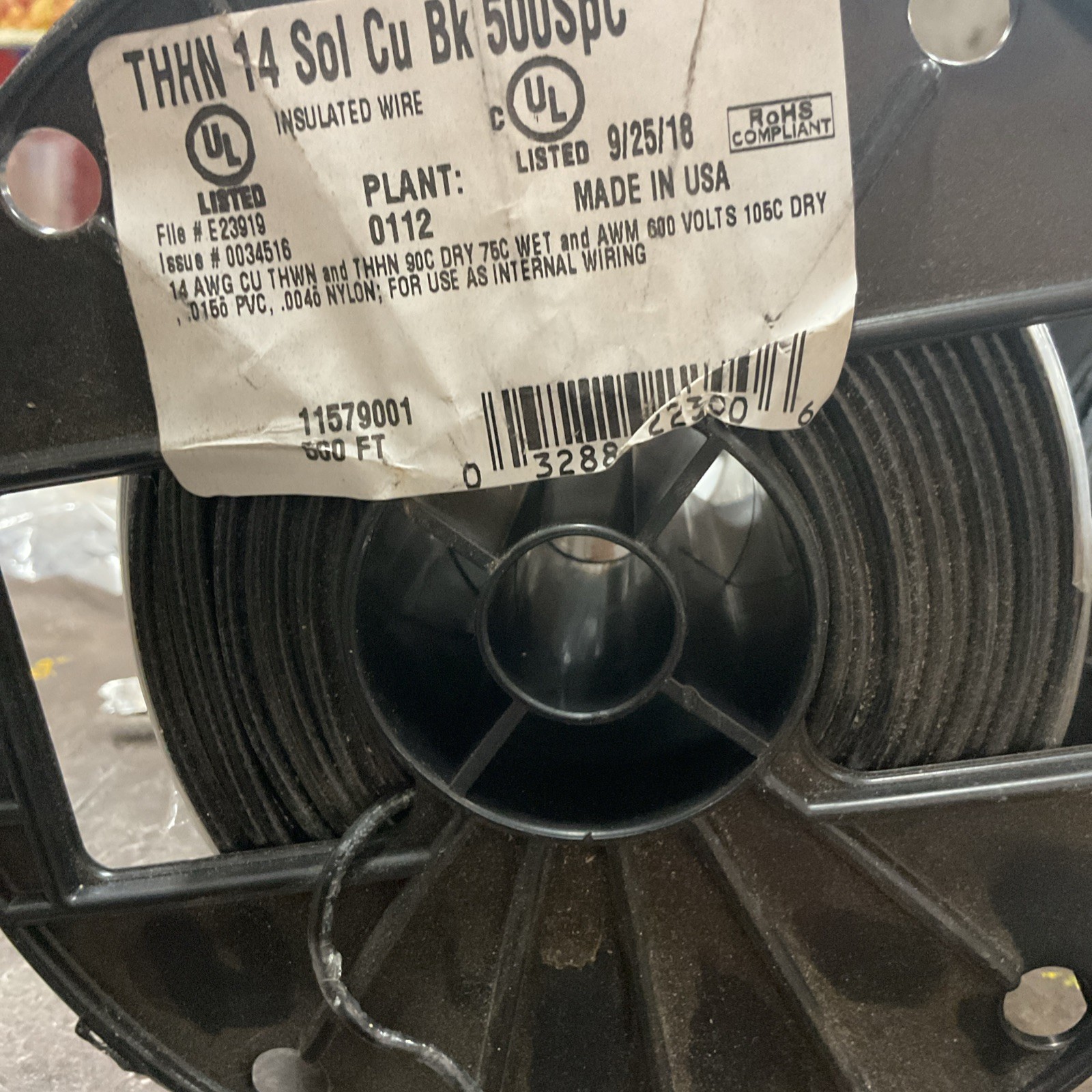 750’plus SOUTHWIRE 11579001 Building Wire,14AWG,THHN,Sld,Blk.