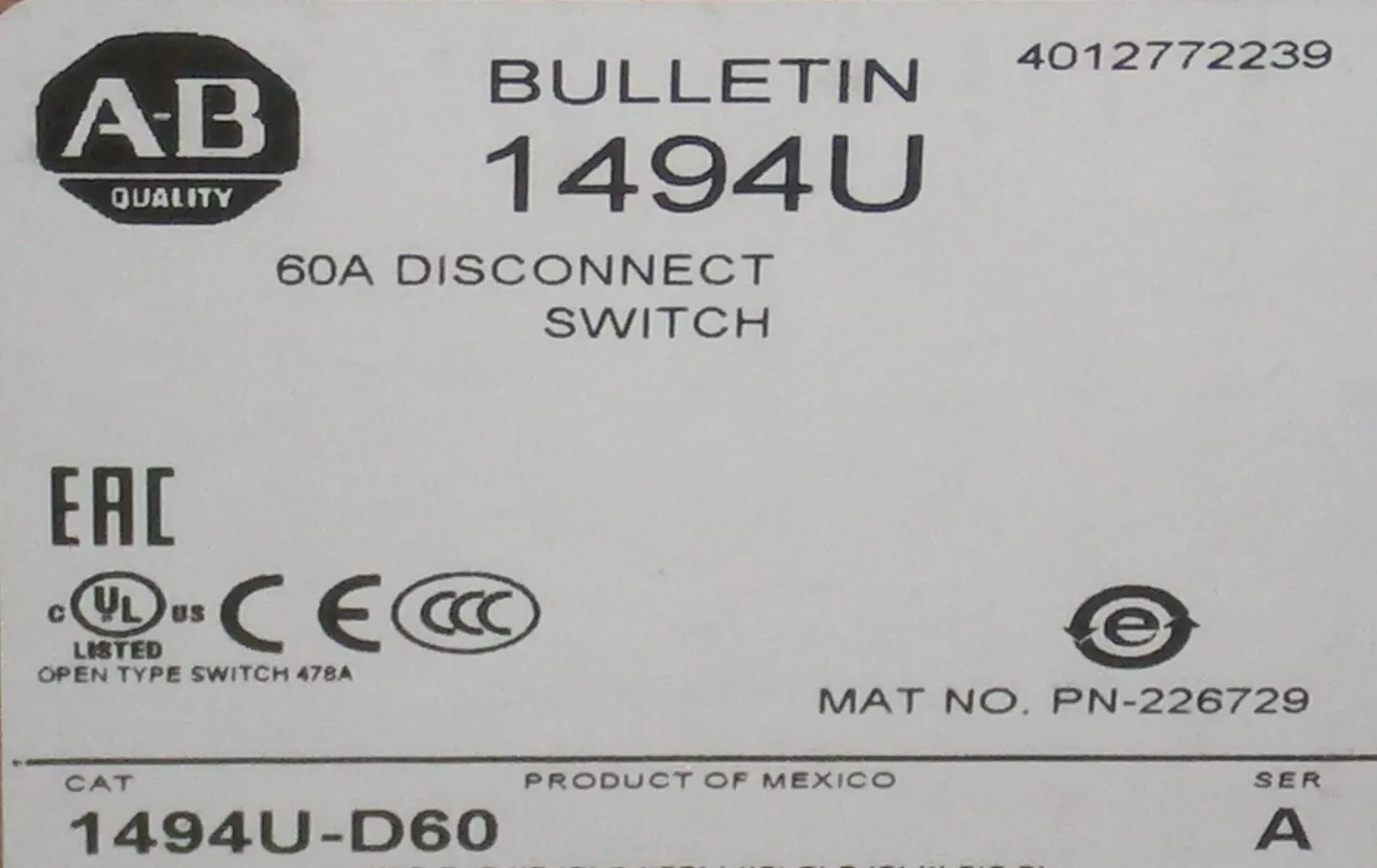 New! Allen Bradley 1494U-D60 SER A 60 Amp Disconnect Switch Free Ship!