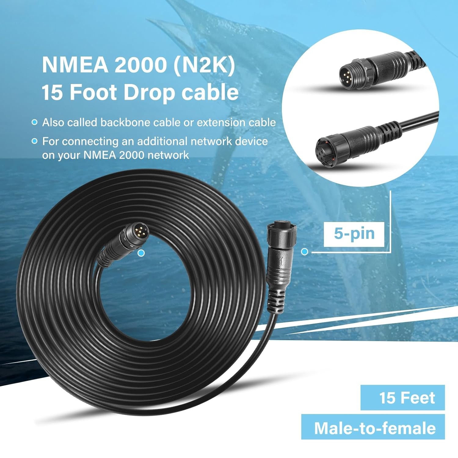 For NMEA 2000 15ft Extension Cable Fits Lowrance Simrad Garmin IP67 Waterproof
