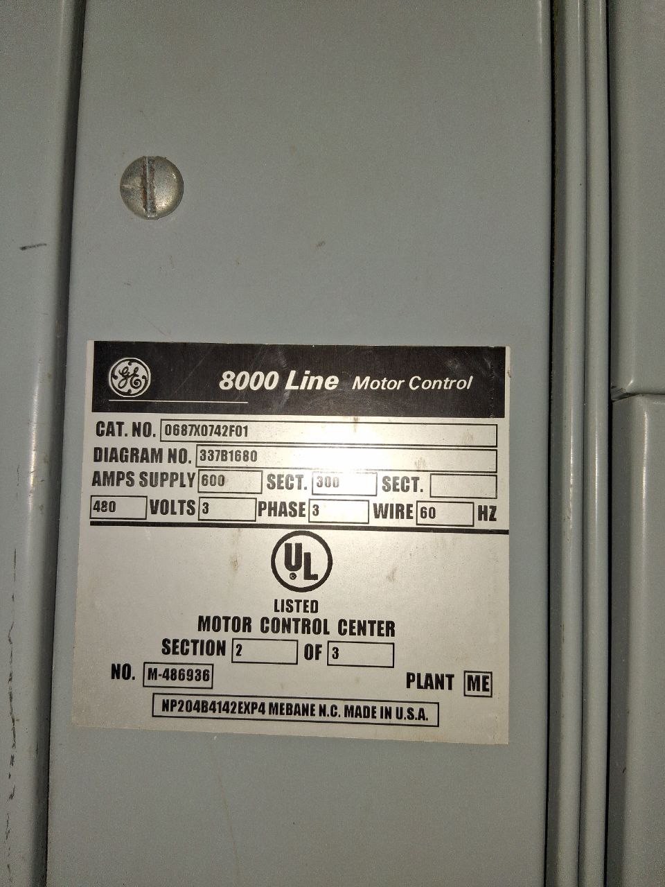 GE 8000 Line Motor Control Center MCC 480V 3 Phase 600A Industrial