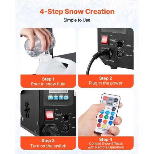 1500W Snow Machine with RGB DMX512 Signal Control, 9 LED Lights, Wireless Remot