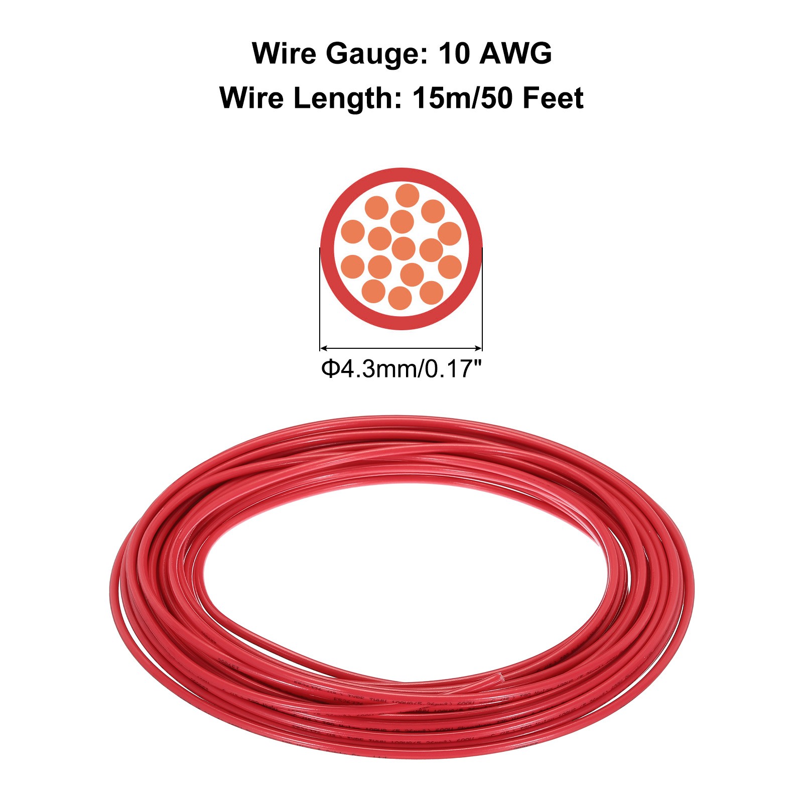 50 Feet 10 AWG Gauge THHN Stranded Red Copper Building Wire 600V