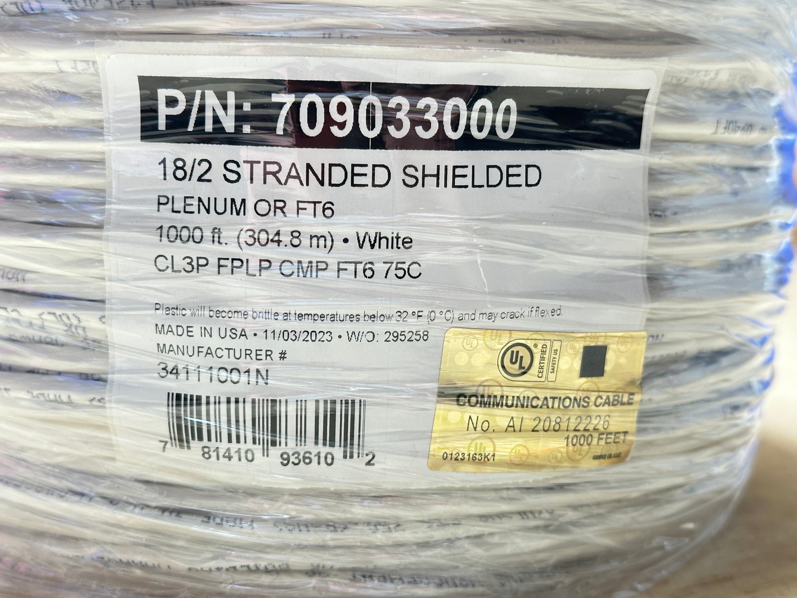 1000ft 18/2 Stranded Shielded Plenum FT6 White Cable Wire CL3P FPLP CMP USA