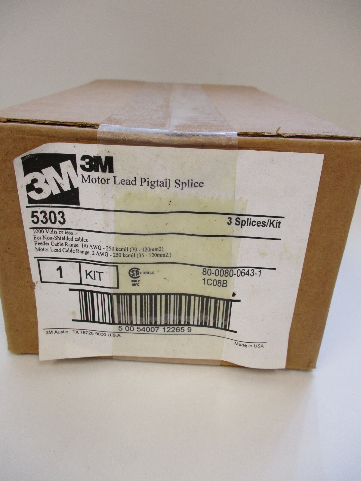 3M 5303 MOTOR LEAD PIGTAIL SPLICE KIT, W 3 SPLICES 1000 VOLTS OR LESS,1/0 AWG