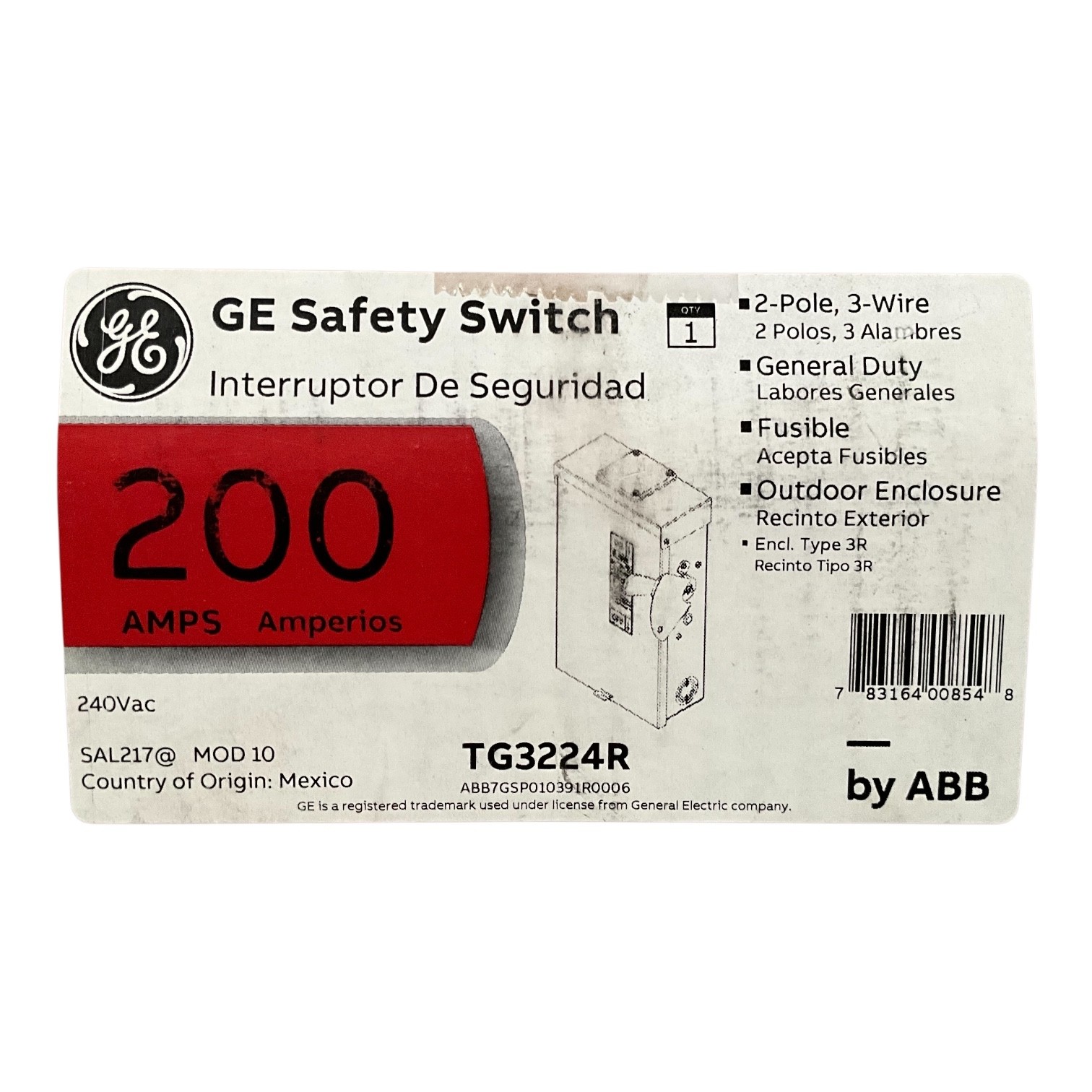 GE ABB TG3224R 200A 240V Fusible Safety Switch 2-Pole NEMA 3R Outdoor Disconnect