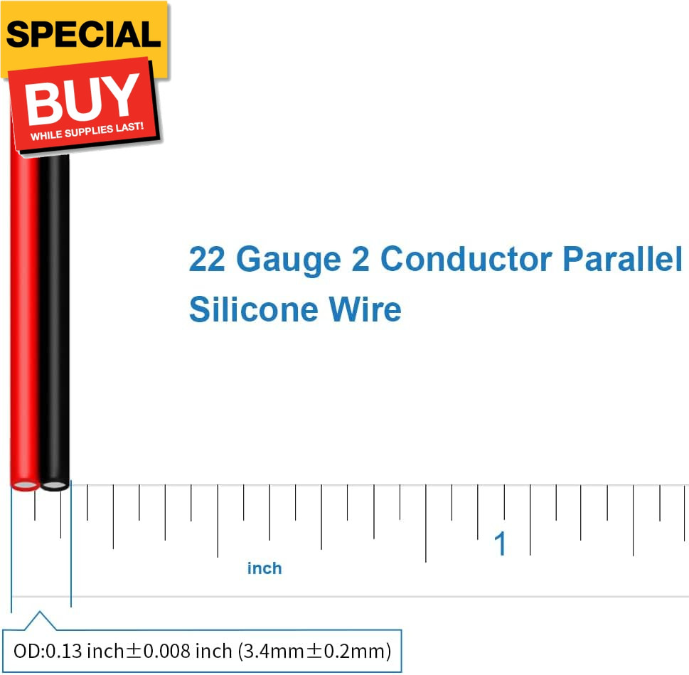 22 Gauge Flexible 2 Conductor Parallel Silicone Wire Spool Red Black High Resist