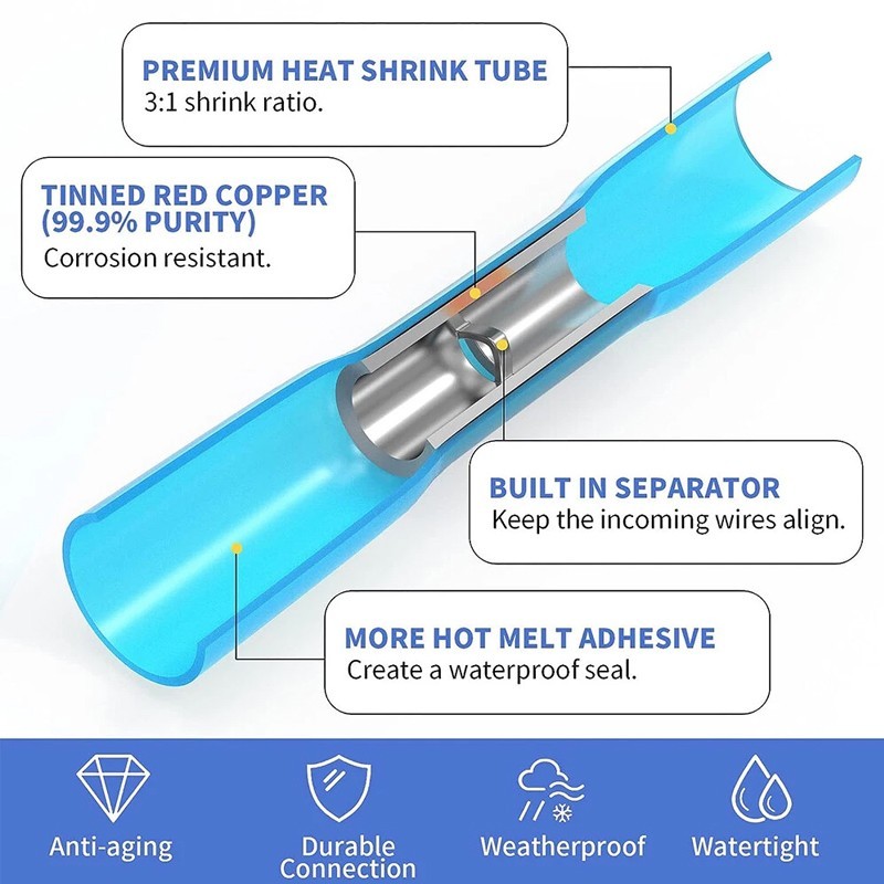 200PC 16-14AWG Heat Shrink Butt Wire Splice Crimp Terminal Blue Connectors