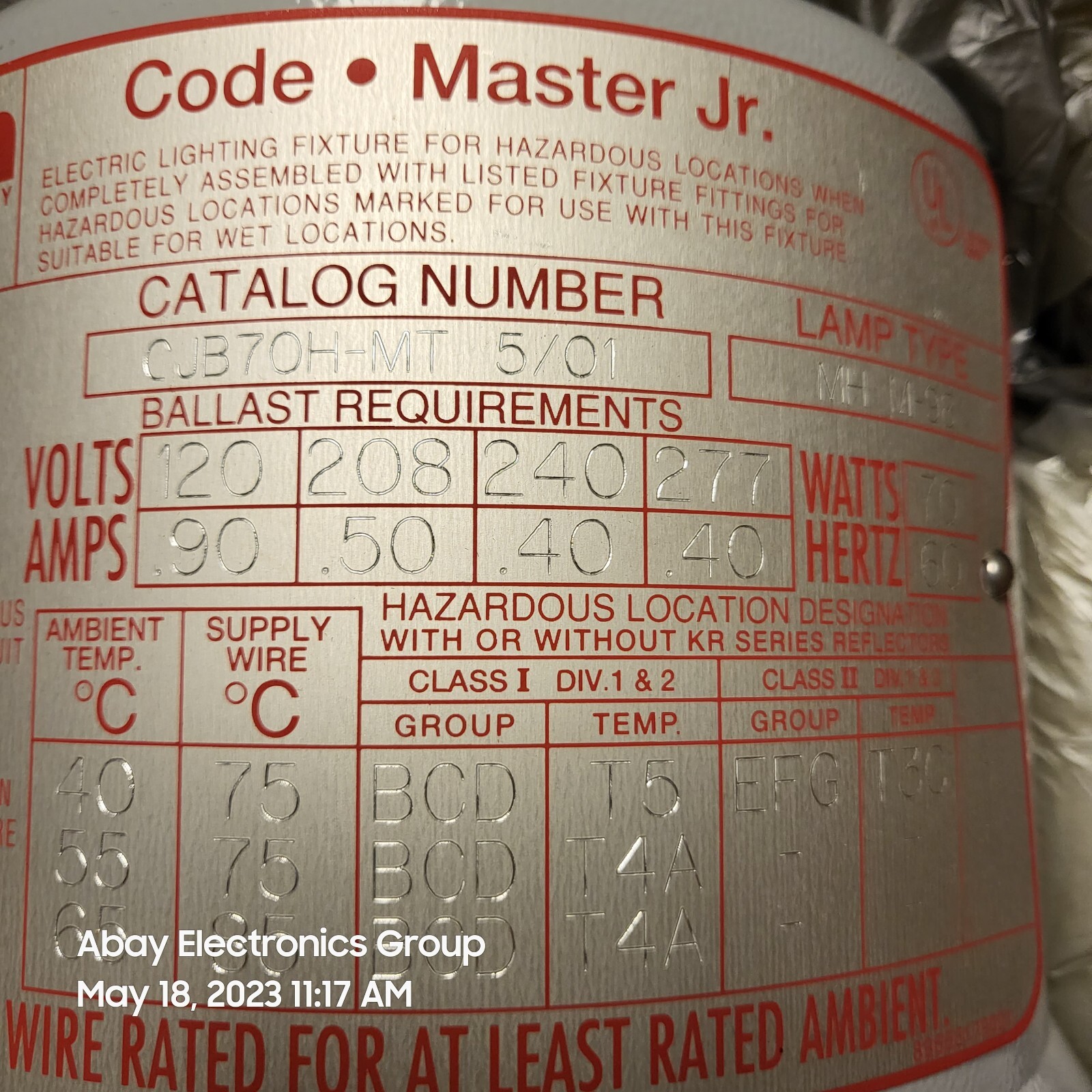 CJB70H-MT EMERSON APPLETON Code Master Jr Sealed Explosionproof HID NEW $299