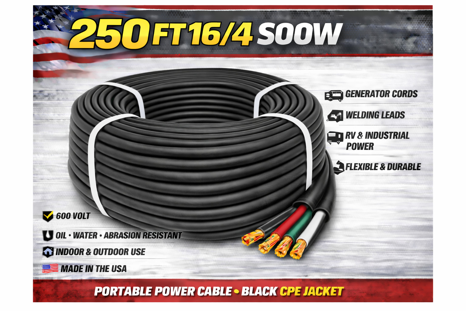 16/4 SOOW Portable Cord 250FT 600V UL CSA Black Flexible Cable USA Made