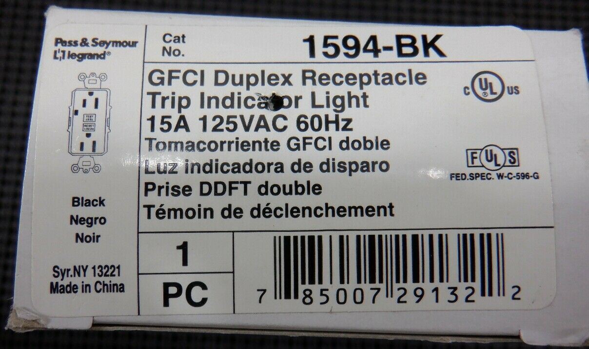 Pass & Seymour 1594-BK 15A 125V GFCI Black Duplex Receptacle Trip Indicator