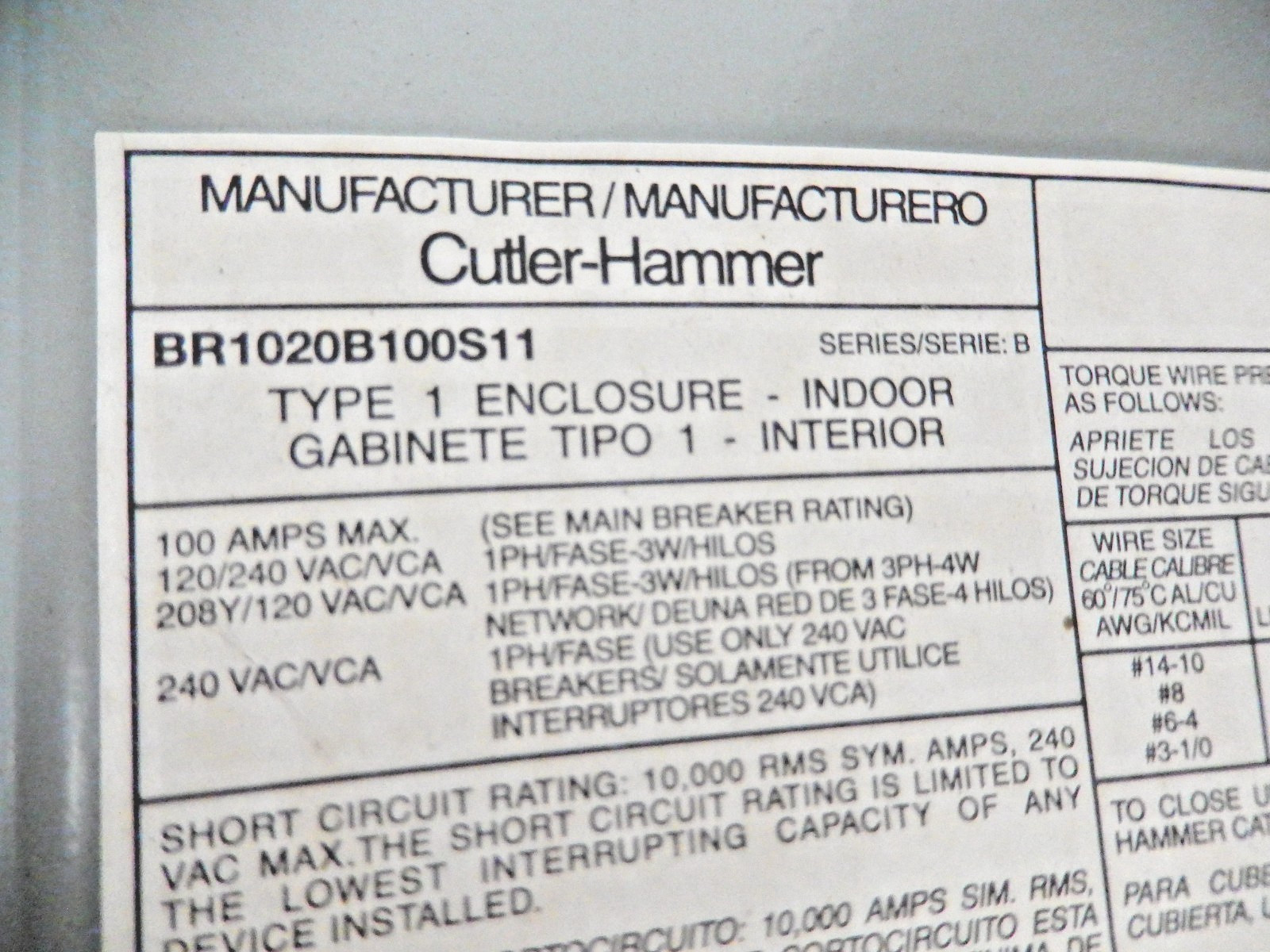 Front Cover For Cutler-Hammer BR1020B100S11 Loadcenter