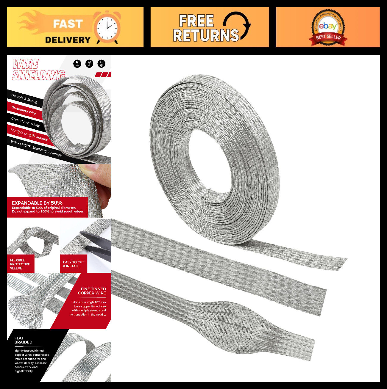 Tinned Copper Grounding Braid Straps – 15ft Shielding Wire, 1/2″ Wide, 0.32″ ID