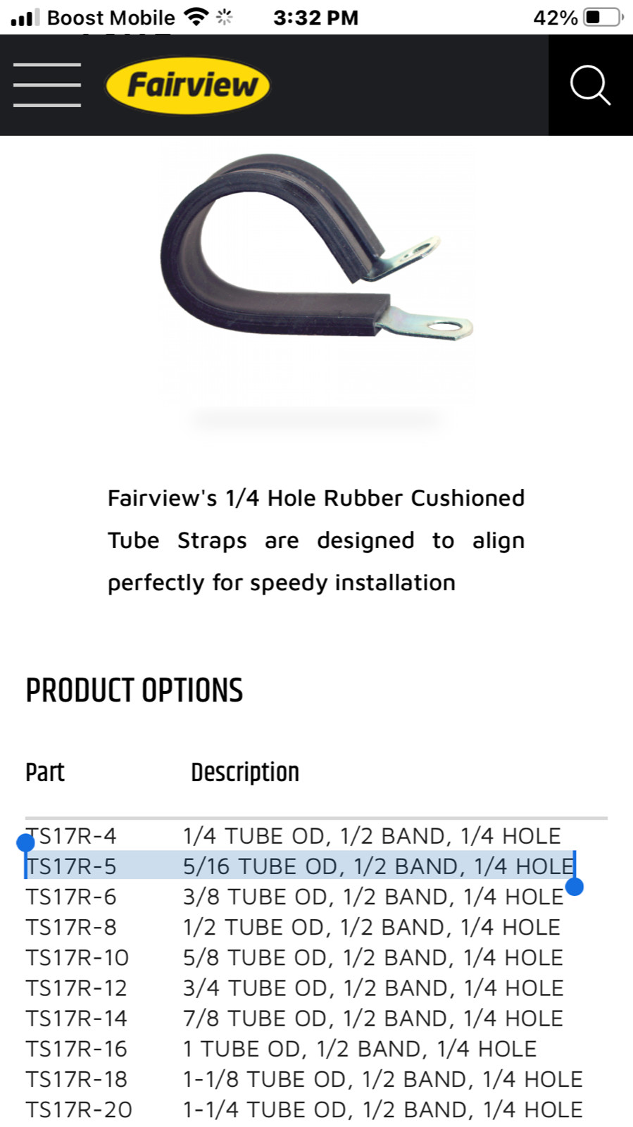 5/16″ OD, Rubber Tube Clamp 1/4″ Hole, Rubber Cushion, Tube Pipe Strap TS17R-5