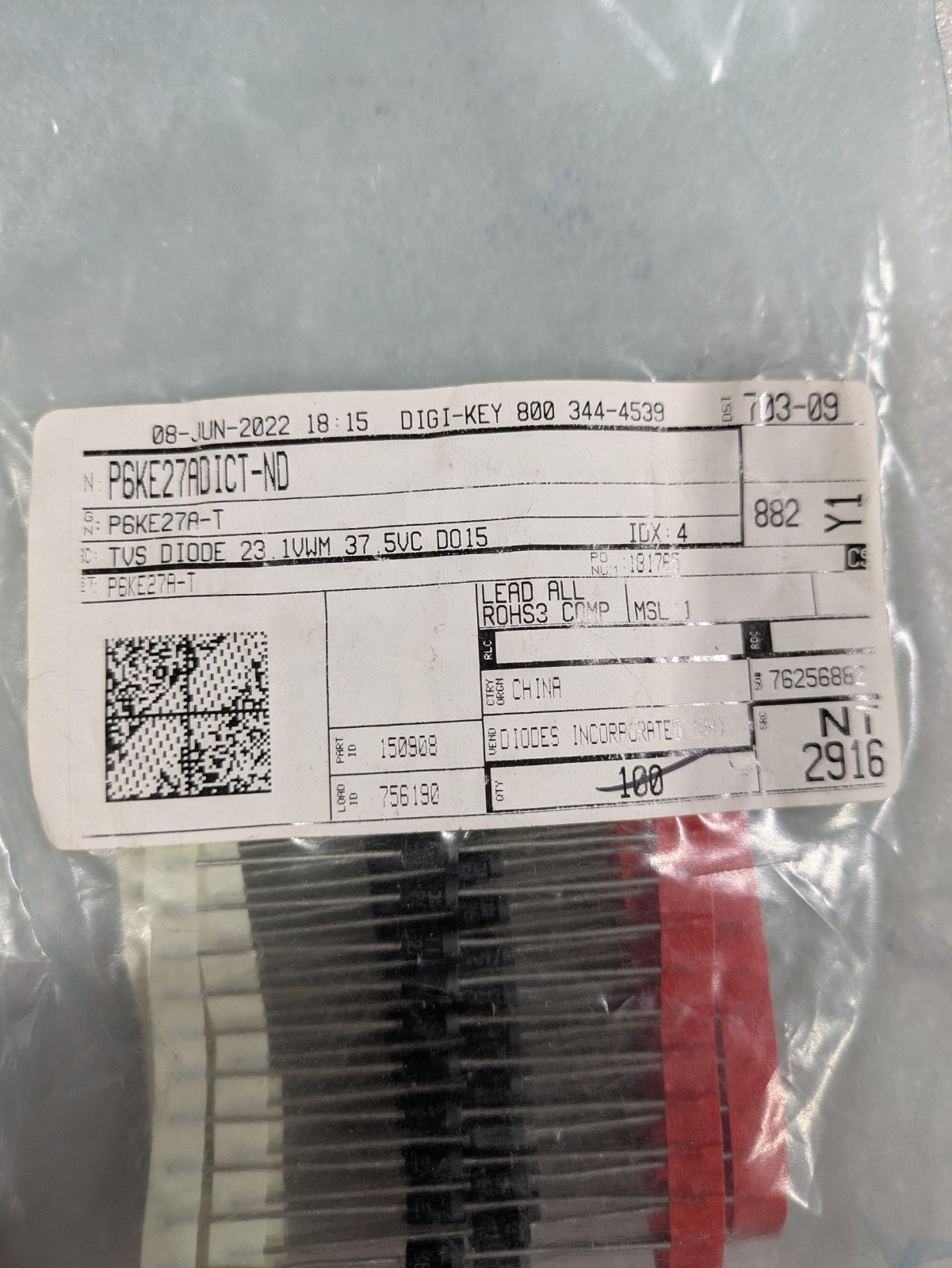 P6KE27A TVS Diode 23.1V 600W DO-15 Axial Transient Voltage Suppressor Lot of 100