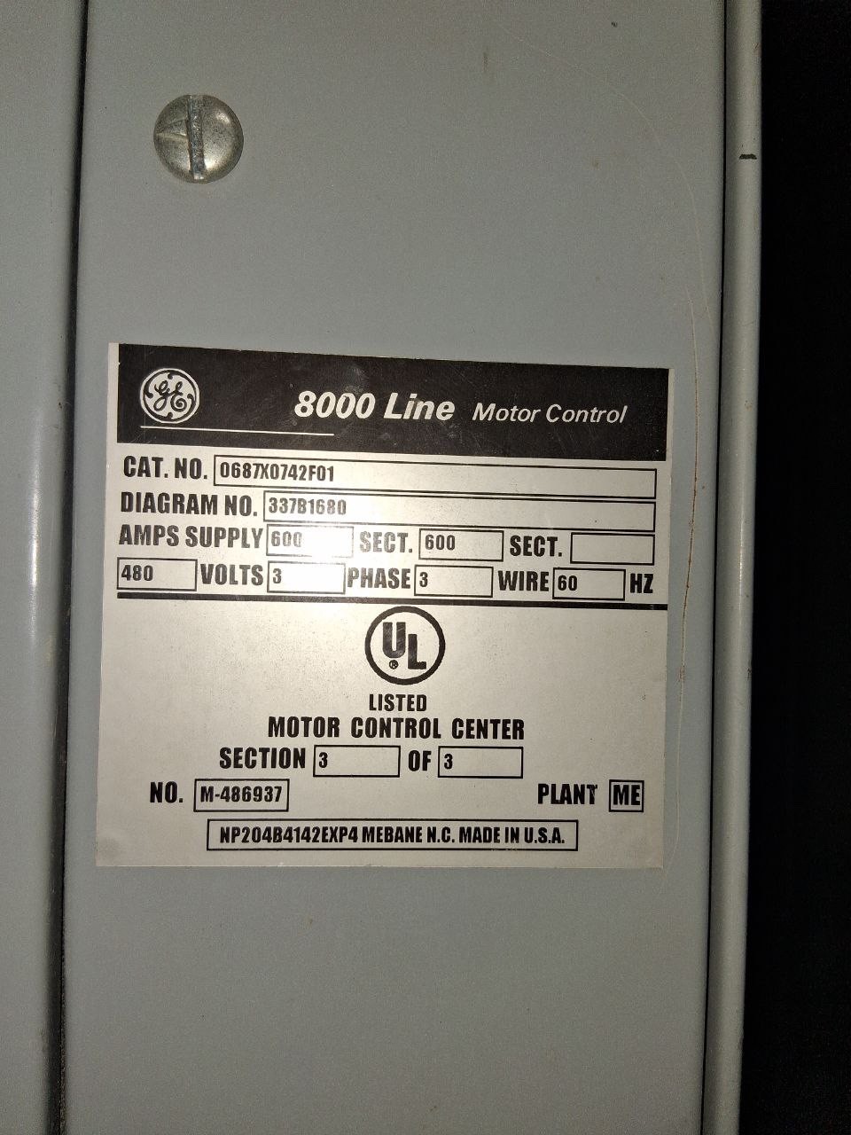 GE 8000 Line Motor Control Center MCC 480V 3 Phase 600A Industrial