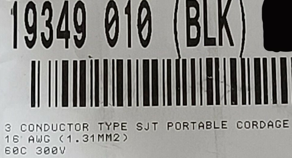 Belden 19349 16/3C SJT Portable Power Cord Cable 300V Serrated Jacket Black/10ft