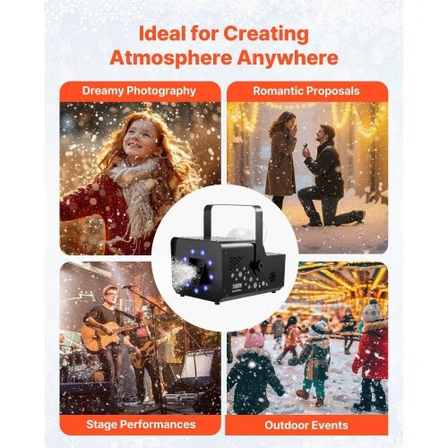1500W Snow Machine with RGB DMX512 Signal Control, 9 LED Lights, Wireless Remote