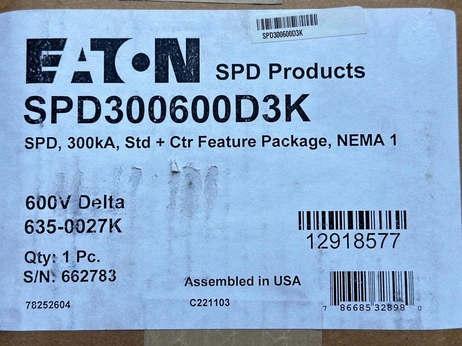 NEW Eaton SPD300600D3K Surge Protection Device SPD 300kA 600V delta 4W+G NEMA 1