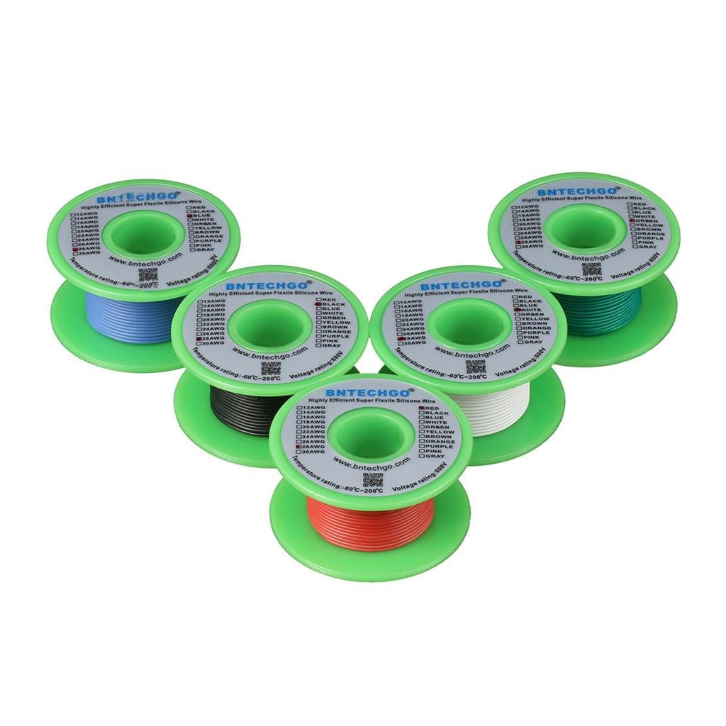 28 Gauge Silicone Wire Kit Red Black White Blue and Green Each 25Ft 28