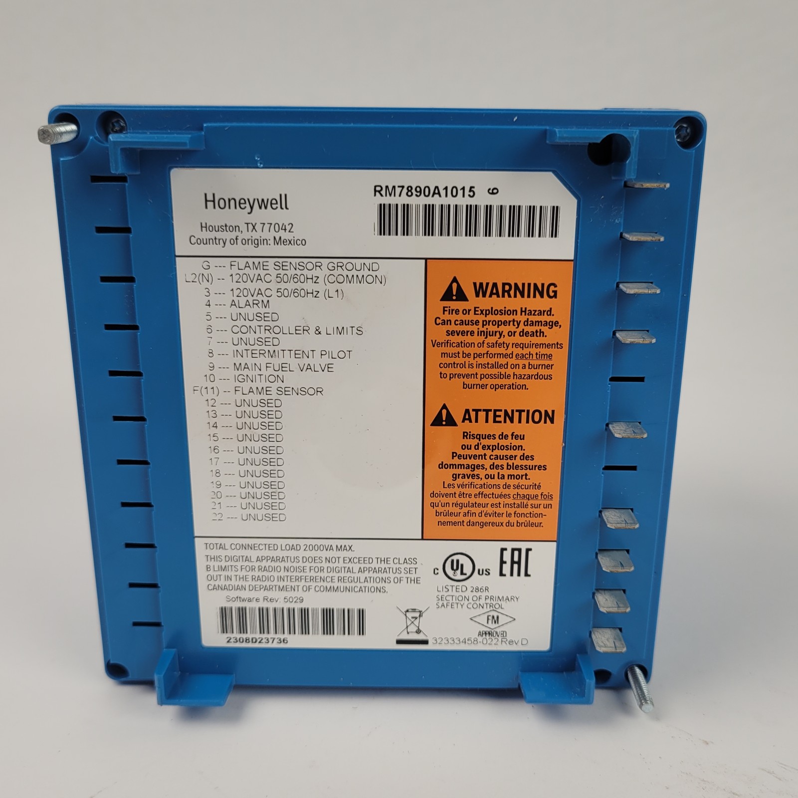 Honeywell RM7890A1015 Automatic Primary Control, 120Vac, 50/60Hz w/Dust Cover