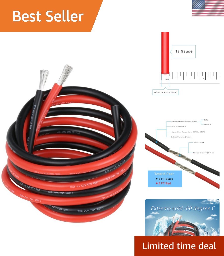 12 Gauge Silicone Wire 3 ft red and 3 ft Black Flexible 12 AWG Stranded Tinne…