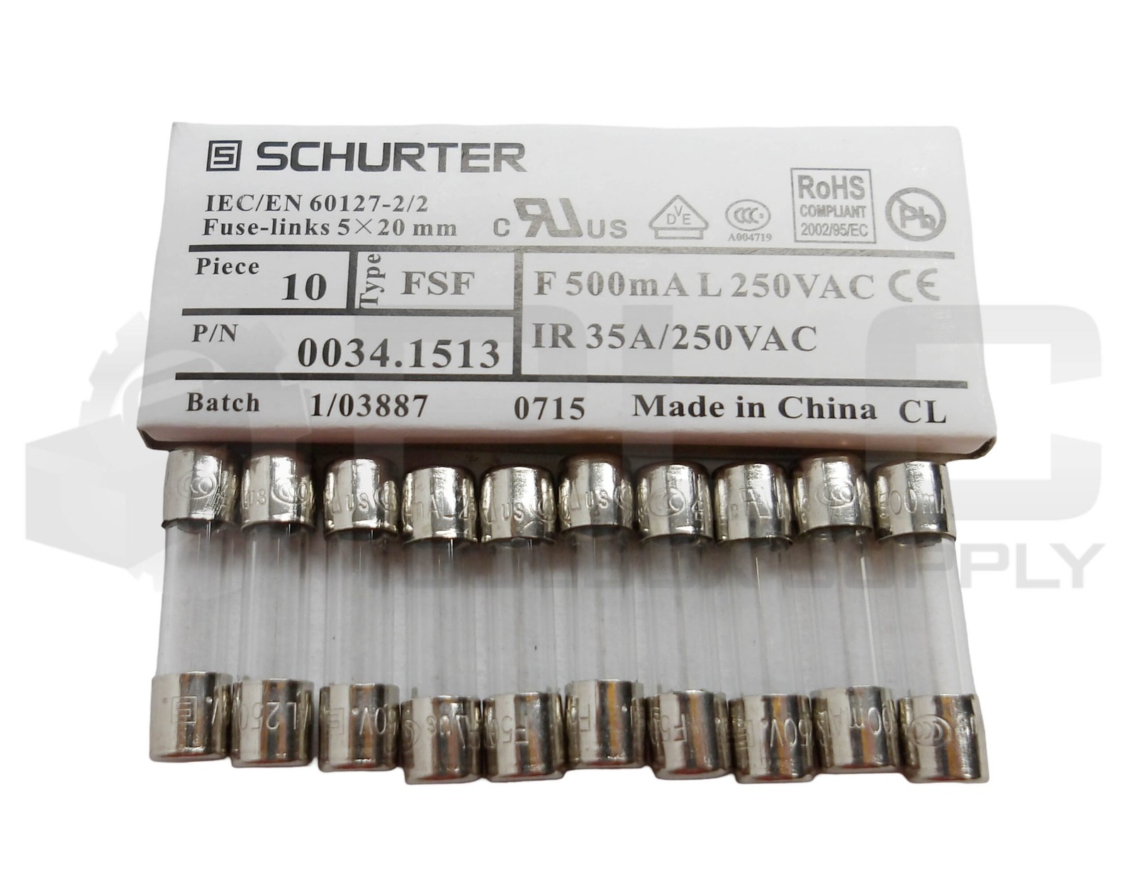 NEW LOT OF 20 SCHURTER 0034.1513 TIME DELAY FUSE F 500MA L 250VAC