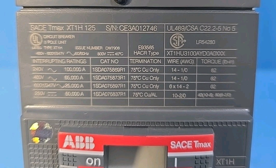 ABB XT1HU3100AYD0A0XXX 100A 480V SACE TMAX XT1H Circuit Breaker