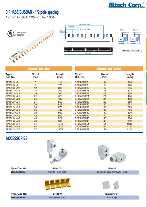 Altech Corp 3P18U3H/9 – Busbar 3 Phase + 1/2 Pole – 480V 80A – 9 Lug – NEW