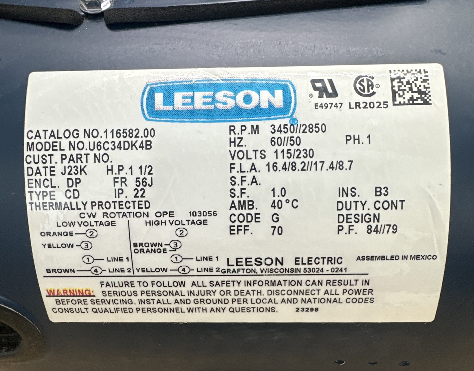 Leeson 116582.00 1.5HP 115/230V Electric Pump Motor U6C34DK4B Single Phase 🇺🇸