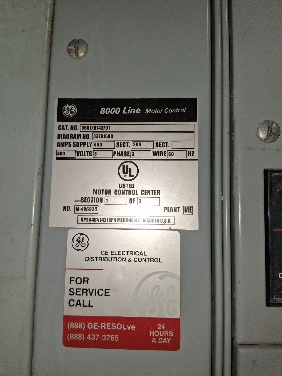 GE 8000 Line Motor Control Center MCC 480V 3 Phase 600A Industrial