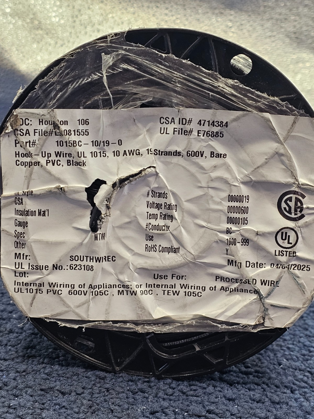 Southwire 1015BC-10/19-0 500FT Hook-Up Wire 10 AWG 19 Strand 600V Bare Copper