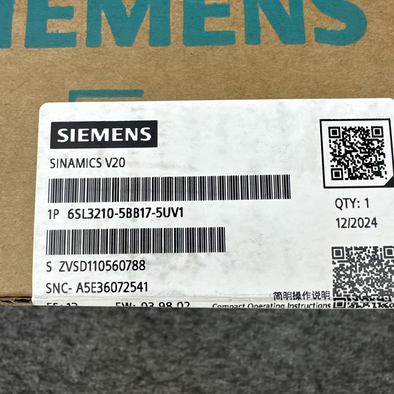 Siemens 6SL3210-5BB17-5UV1 Sinamics V20 1 Phase 200/240V 47-63HZ Indus Converter