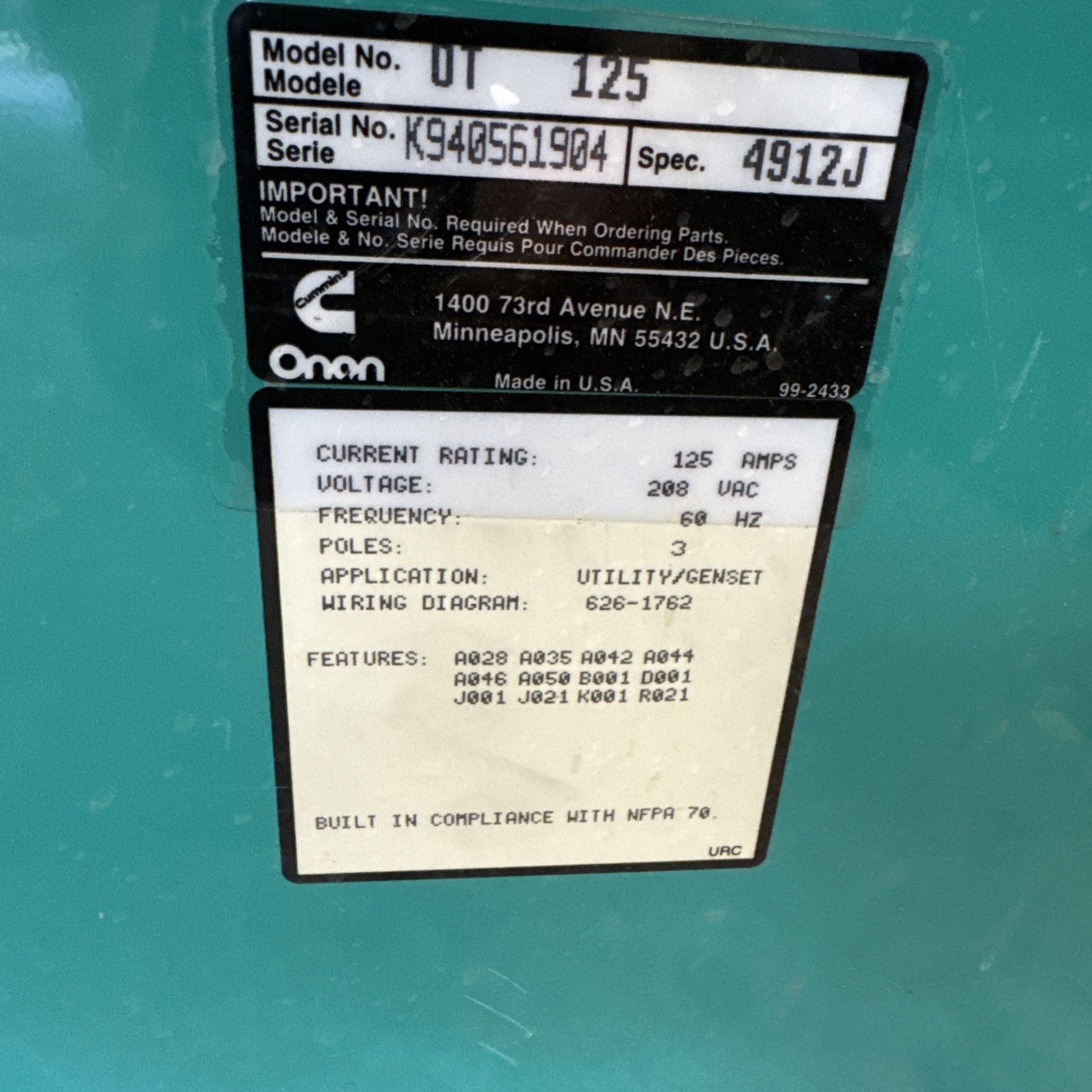 Cummins Onan OT 125 Automatic Transfer Switch 125A 200 60Hz