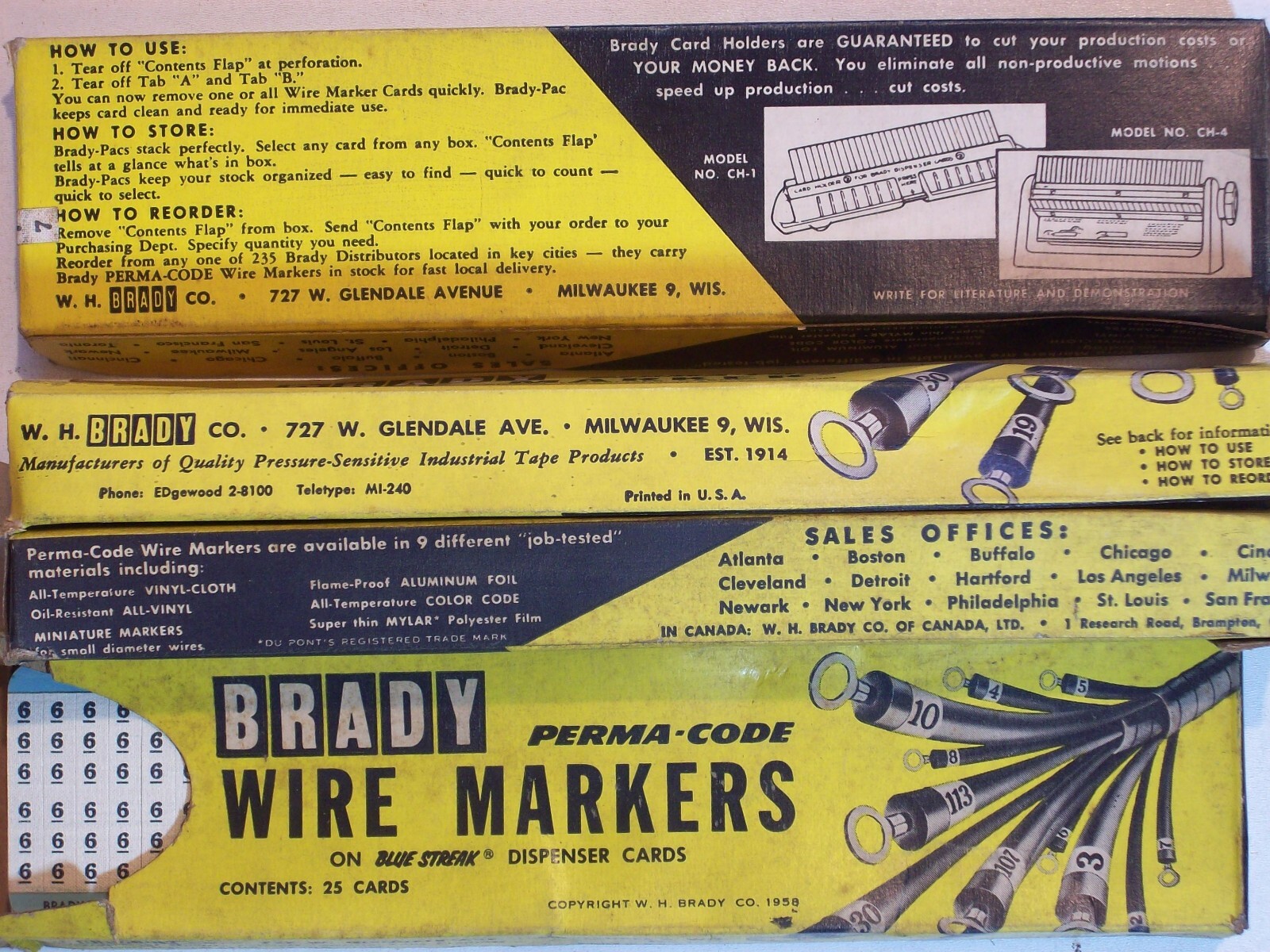 Electric BRADY WIRE MARKERS PERMA-CODE DISPENSER CARDS VINTAGE YELLOW BOX NOS