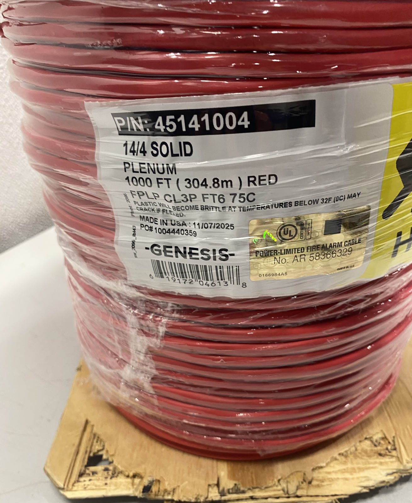 Honeywell Genesis Plenum 14/4 Solid Wire Unshielded Cable 1000Ft 45141004 Red
