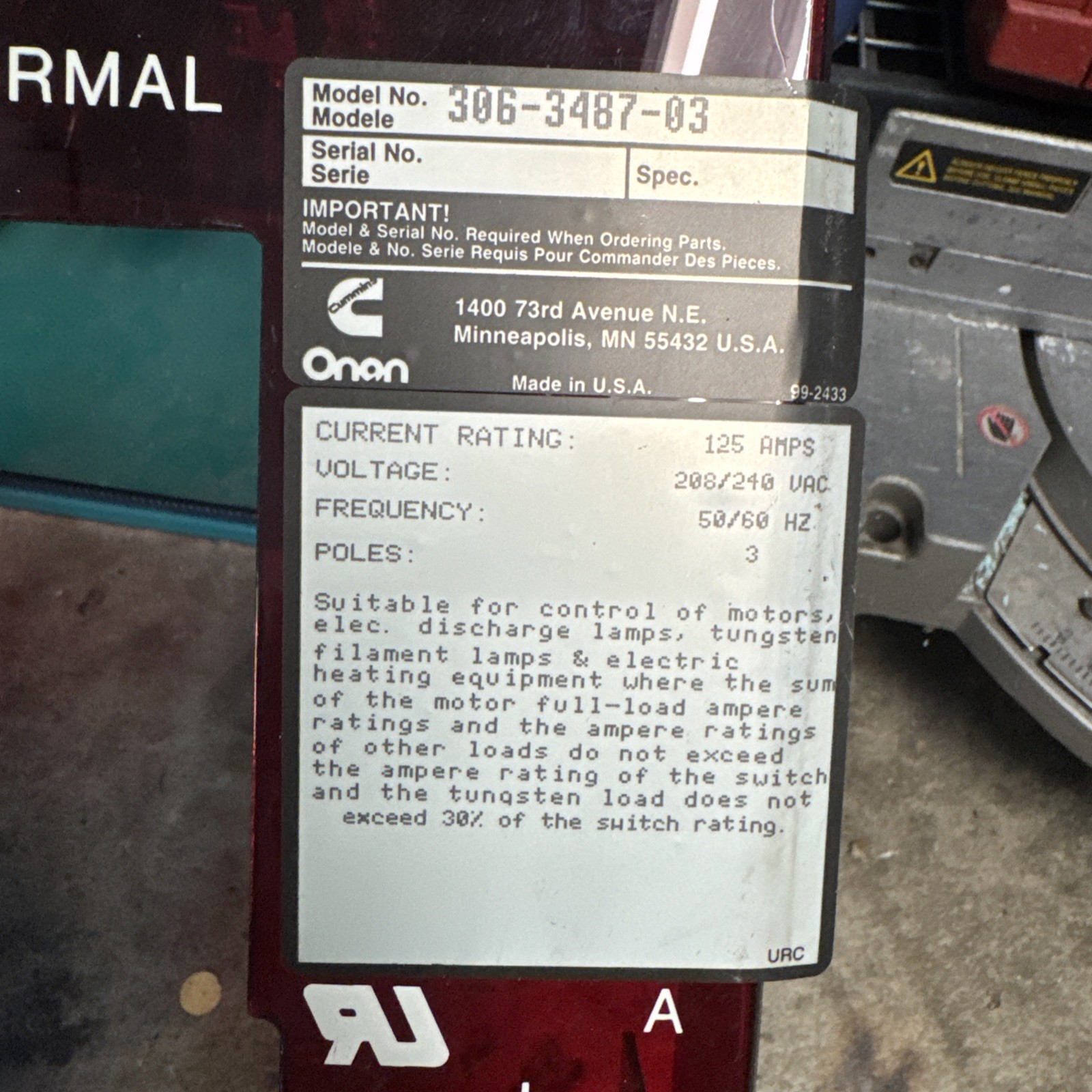Cummins Onan OT 125 Automatic Transfer Switch 125A 200 60Hz