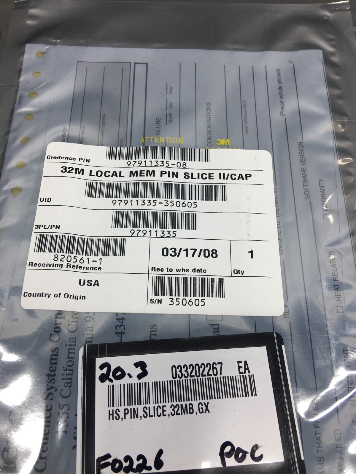 CREDENCE 97911335-08 32M LOCAL MEM SLICE II/CAP, 7-L1F02, HS, 32MB, GX, 122813