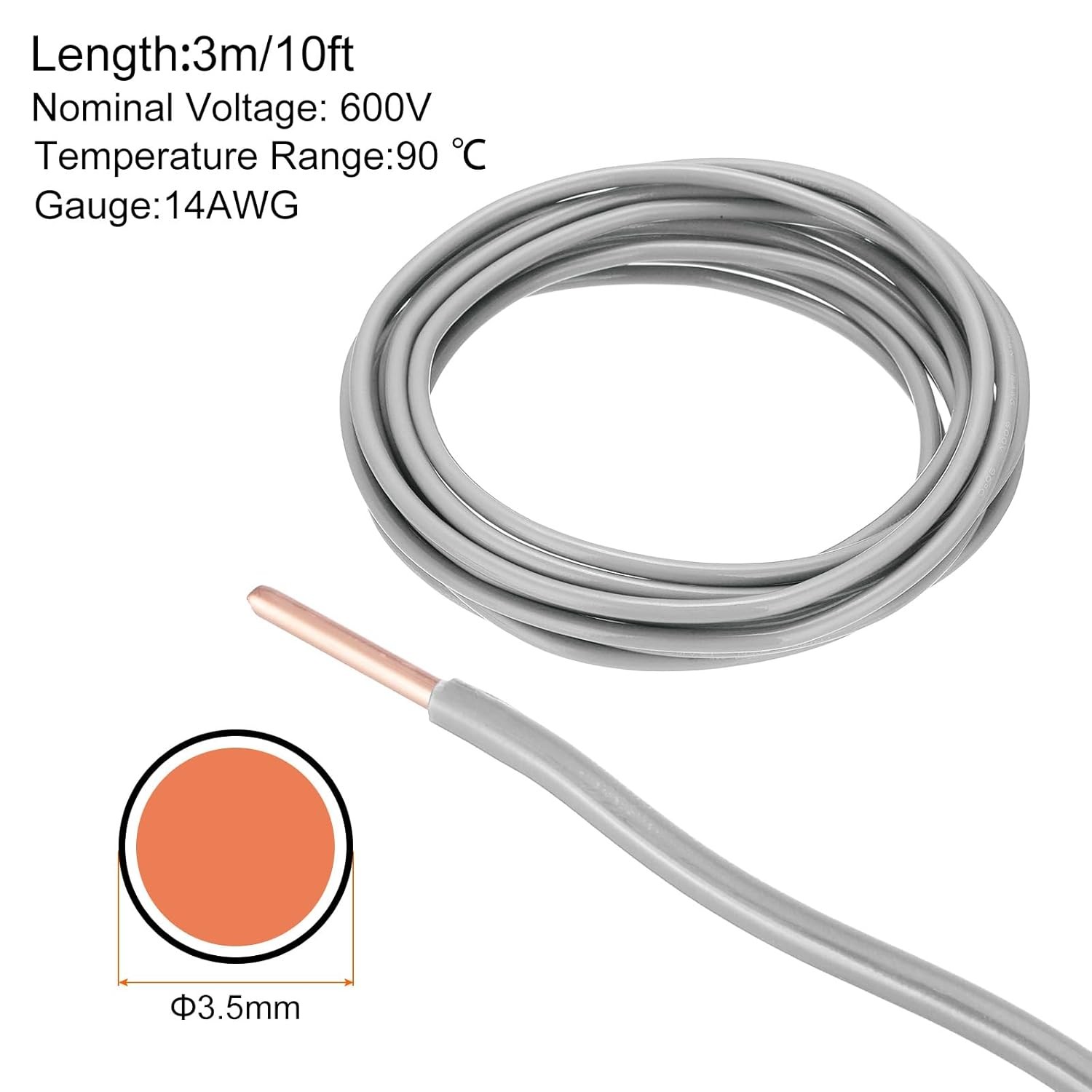THHN Wire 14 AWG 10 Feet Electrical Wire Insulated Solid Copper Rated up to 600